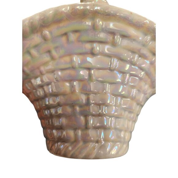 White Iridescent Ceramic Basket With Braided Handle Vintage Handmade - Picture 5 of 10